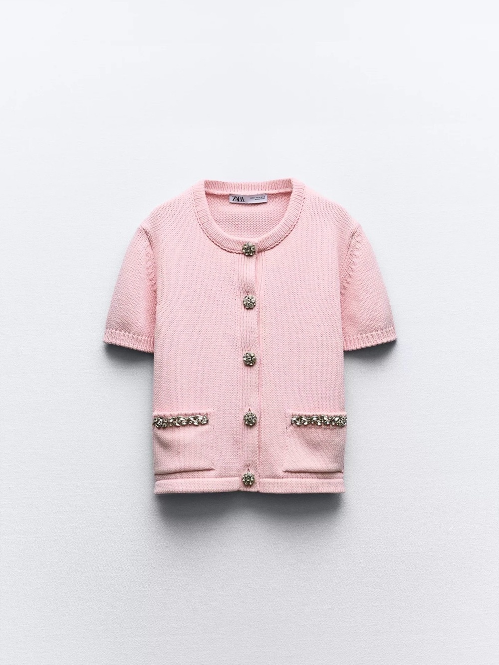 Zara Soft Pink Short-Sleeve Knit Cardigan with Jewel Trim